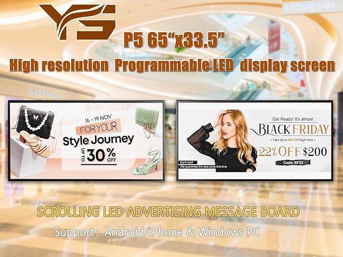 P5 Outdoor IP65 Waterproof 65"x34" Programmable LED Sign Board - Wi-Fi Full Color High-Res Scrolling Display, USB Control, Custom Images & Video for Business