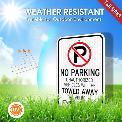 T&R (4 Pack) Large No Parking Sign Will Be Towed Away Sign, 18" x 12" Engineer Grade Reflective Sheeting, Rust Free Aluminum, Weather Resistant, Waterproof, Fade Resistant, 2 Pre-drilled Holes