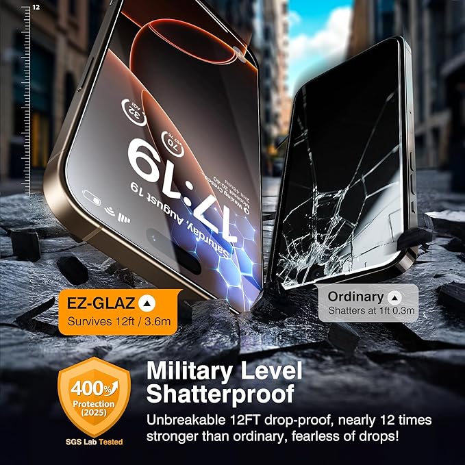 EZ-GLAZ- 4 Pack for iPhone 16 Pro Screen Protector [6.3"] With 2 Pack Camera Lens Protector, 9H+ Hardness 12FT Military Grade Shatterproof Scratch Resistant Durable Tempered Glass Film with Flawless Fit Kit, HD Clear