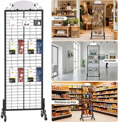 Urban Deco Grid Wall Panel Display Stand, 2.2' x 6.2' FT Gridwall Panel with Extra 8 Hooks, Craft Show Display Rack Black Metal Grids Standing Wire Rack for Retail Merchandise