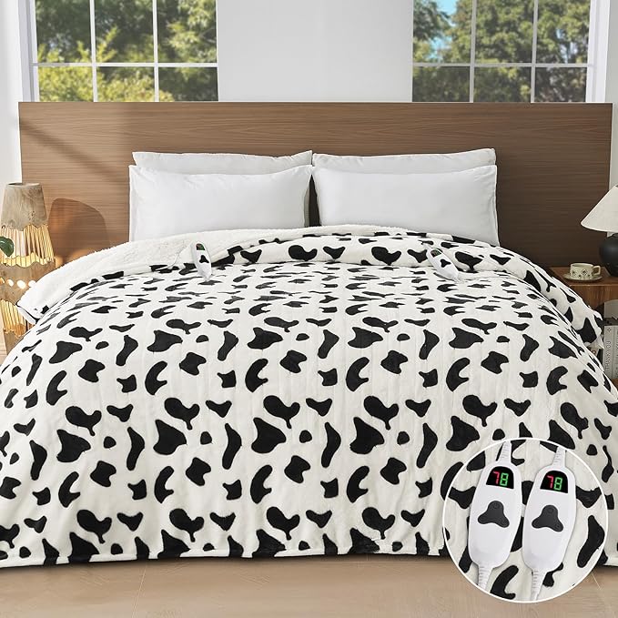 Cow Print Electric Heated Blanket King Size,90X100 Black Heating Blanket King with Dual Control&Timer&10 Heat Level,Cute Cow Decor Fleece Sherpa Blankets Warmer Gifts for Bed Women Adults