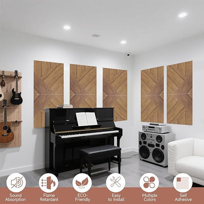 TO-TH Acoustic Wall Panels,6 Pack Total Size 72 x 48 Inches,Self-Adhesive Decorative Acoustic Panels for Wall and Ceiling,3D UV Printing with Wood Look,Beech