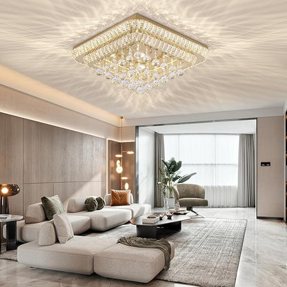 24 inch Crystal Flush Mount Gold Chandelier Remote/APP, Modern Raindrop LED Ceiling Light, 3CCT Dimmable & Brightness Adjustable,Elegant Chandeliers for Bedroom Hallway Dinning Room Living Room