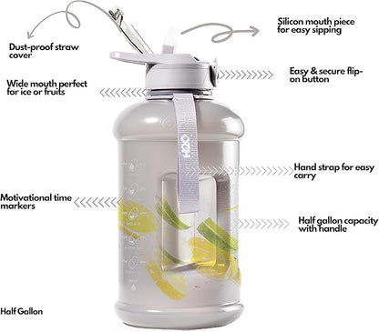 H2O Capsule INSPO Half Gallon Water Bottle with Time Marker and Straw Motivational Hydration Tracker Jug Big BPA-Free Food-Safe Leakproof Drinking Bottle Handle & Strap, Ash Gray