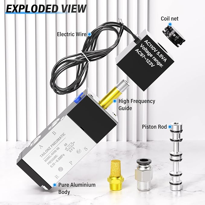 TAILONZ PNEUMATIC 1/8"NPT Solenoid Valve 4V110-06 AC220V Single Coil Pilot-Operated Electric 2 Position 5 Way Connection Type Outlet wire