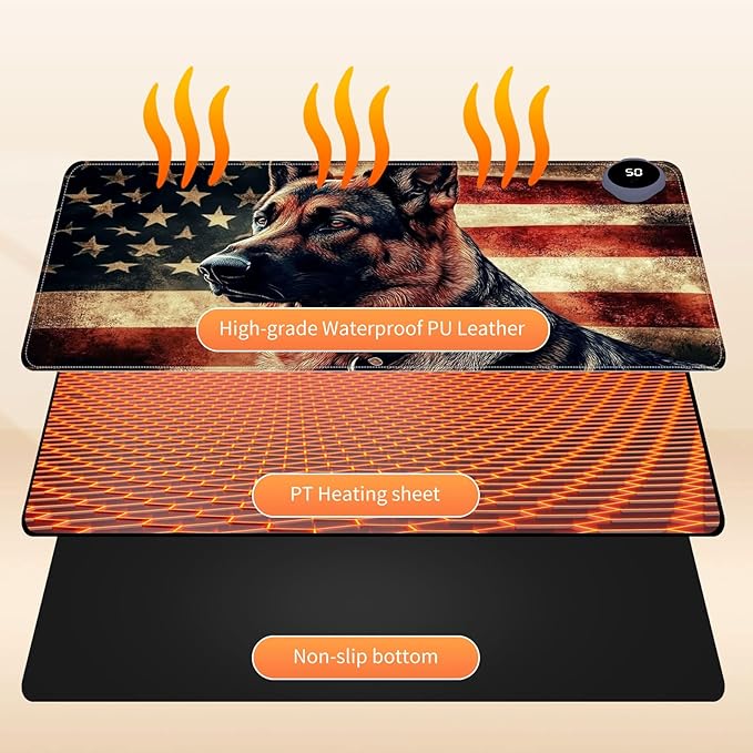 Small Heated Desk Pad 23.6" x 14.2" – Compact Electric Mouse Pad with 3 Heating Levels, Auto Shut-Off, Waterproof PU Surface, Plug-in Warmer for Office or Home Use, German Shepherd
