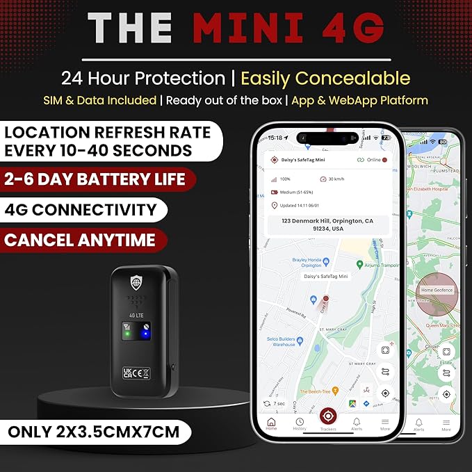 Mini 4G - 4G LTE Rechargeable Mini GPS Tracker, Car, Van, Motorbike etc. 34-205 Countries, Real Time Tracking and Notifications, 7 Day Free Trial - Sim Included, 12 Month Warranty