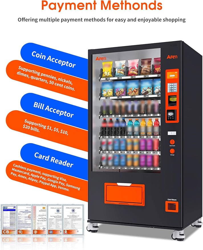 Afen Commercial Snack & Drink Combo Vending Machine, 60 Slot Refrigerated Soda Vending Machine for Business Durable Bulk Supplier, with Bill & Coin Acceptor