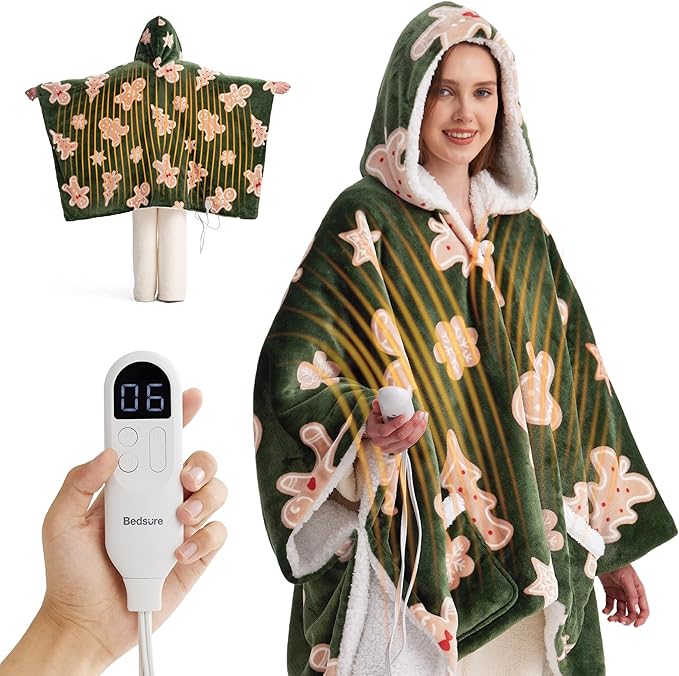 Bedsure Heated Blanket Wearable Shawl - Electric Wrap Poncho Blanket Hoodie Adult as Christmas Winter Gifts for Women, Warm Sherpa Heating Throw,Auto Shut Off, 55x64 in, Green Gingerbread Man Pattern