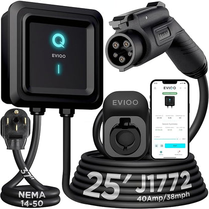 EVIQO Level 2 EV Charger 40 Amp - 9.6 kW 240V Wall Home EV Charger Level 2, NEMA 14-50 Plug, J1772 25' Cable - Enhanced Wi-Fi – UL, ETL Certified EVSE, Smart Electric Vehicle Charging Stations – GEN 2