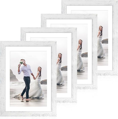 iRahmen 10x14 Picture Frame Set of 4 with Tempered Glass, Distressed White Frame Display 8x12 Picture with Mat or 10 x 14 Without Mat, Wood Rustic Photo Frames for Horizontal or Vertical Wall Mounting
