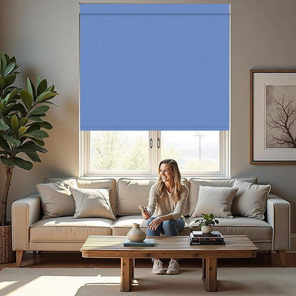 Motorized Roller Blinds with Remote, 100% Blackout Automatic Roller Shades for Bedroom, Bathroom, and Living Room, Customized Size, Deep Sky Blue