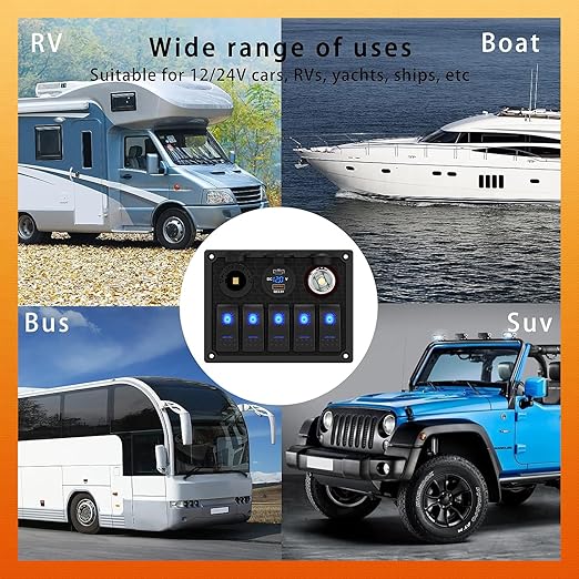 Marine Boat Rocker Switch Panel,Waterproof 5 Gang Toggle Switch Panel with Dual USB and Voltmeter Panel for RVs, Cars, Boats, Trucks,Trailers - 12-24V