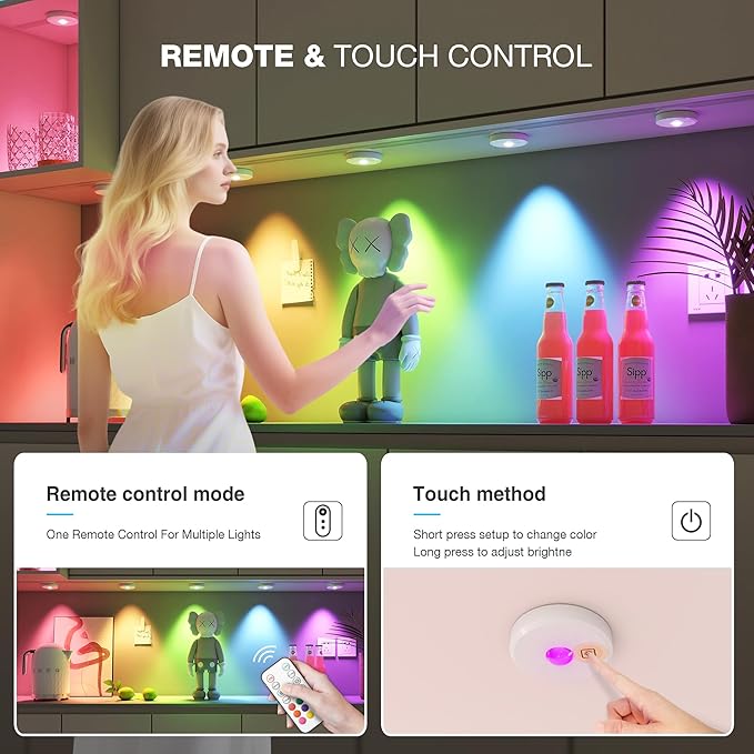 RGB Puck Lights with Remote Control, 2000mAh Battery Operated Tap Lights Rechargeable, 9 Colors & 2 Dynamic Changing Under Cabinet Lighting, Magnetic Stick on Light for Closet(White, 3 Pack)