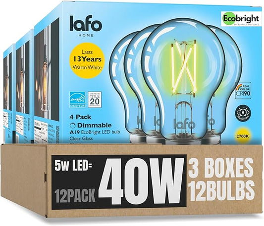 EcoBright 4PK Dimmable A19 LED Filament Bulb 40W Equivalent 5W E26 Base 450 Lumens CRI90 Flicker Free Clear Glass Energy Star Title 20 Warm White 2700K for Lamps Indoor Use
