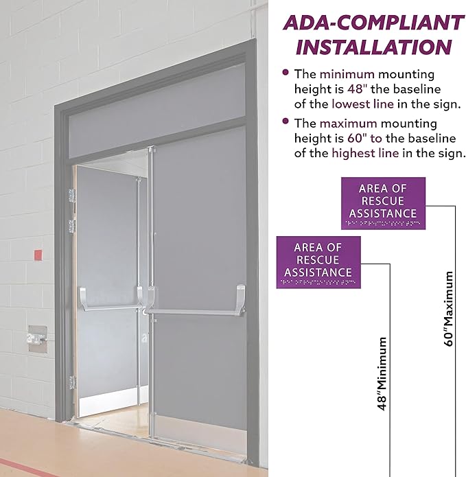 Area of Rescue Assistance Sign - ADA compliant sign. 6"x4" sign made from durable plastic with raised lettering and Braille. Designed to meet ADA (Americans with Disabilities Act) regulations.