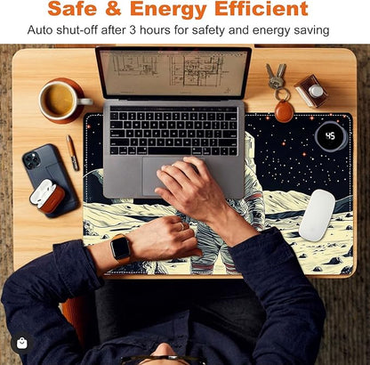 Small Heated Desk Pad 23.6" x 14.2" – Compact Electric Mouse Pad with 3 Heating Levels, Auto Shut-Off, Waterproof PU Surface, Plug-in Warmer for Office or Home Use, Astronaut on Moon