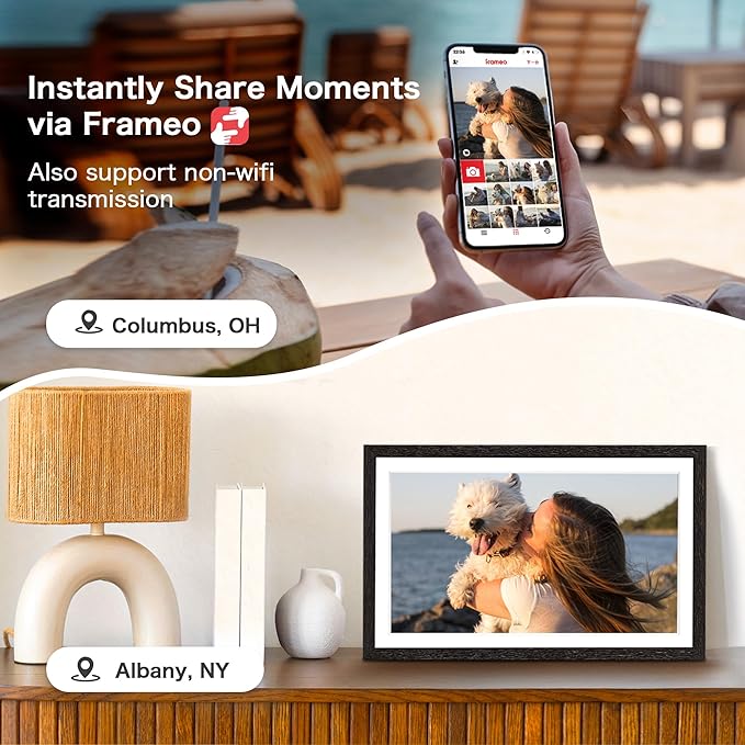 Digital Picture Frame, 15.6 Inch Frameo Digital Frame WiFi, 1920 * 1080 IPS FHD Touchscreen, 32GB, Tabletop&Wall-Mounted, Share Picture Video, Large Electric Photo Frame, Mom Gifts, Black Woodgrain