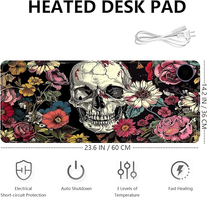 Heated Mouse Pad with 3 Levels Heated & 3 Hours Auto Shut-Off Mouse Pad for Warming Hands in Office Home, 23.6" x 14.2"Large Safe Desk Mat Hand Warmer，Skull in Flowers