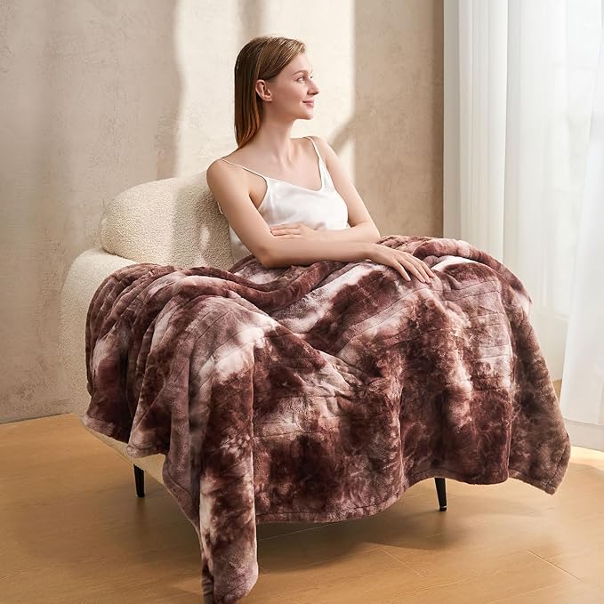 Electric Heated Blanket 84"x90",Luxury White Coffee Faux Rabbit Fur Electric Queen Blanket,Fast Heating Soft Fluffy Thick Electric Blanket with 6 Heating Levels & 12H Auto Off