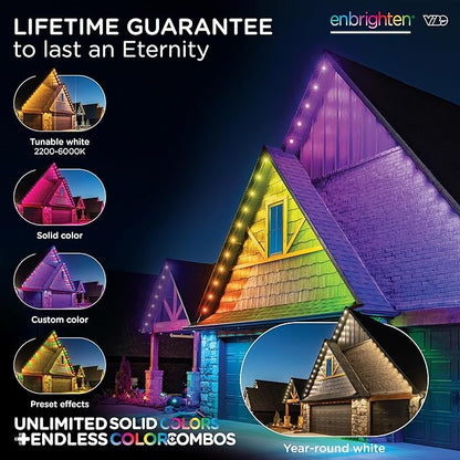 Enbrighten Vibe Eternity Permanent Outdoor Lights for House, 100 Feet, 72 RGBWIC LEDs, Close Spacing, 33lm, Color Changing, Christmas, Eave Lighting, Smart App, Works with Alexa, Google Home, 82730