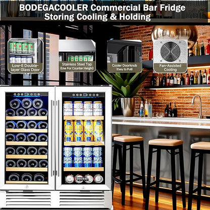BODEGACOOLER Back Bar Cooler With 2 Glass Doors,30 Inch Wine and Beverage Refrigerator with Digital Touch,Counter Height Commercial Beverage Refrigerator, Beverage Cooler Holds 31 Bottles and 92 Cans.