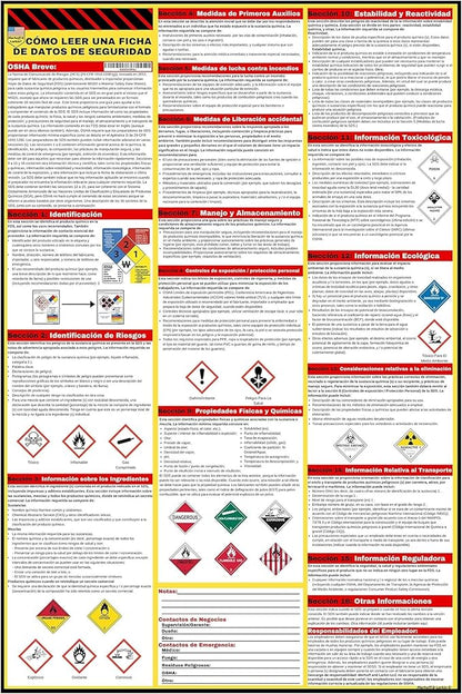 How to Read A Safety Data Sheet (SDS/MSDS) Poster | English & Spanish 2025 | 36 x 24 Inch | UV Coated Paper Sign | OSHA, HMIS, Hazard Compliance Center | Display Instructions Chemical Labels (Spanish)