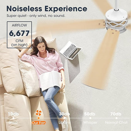 WINGBO 60" Smart Ceiling Fan with Lights, White/Oak Blades, 6 Speeds Reversible DC Motor, Works with Alexa and Google Assistant, 3CCT Dimmable LED Ceiling Fan for Bedroom Living Room, White Finish