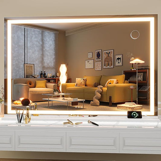 Hasipu Vanity Mirror with Lights, 50" x 34" LED Makeup Mirror, Lighted Makeup Mirror with Dimmable 3 Modes, Touch Screen Control Vanity Mirror Square White