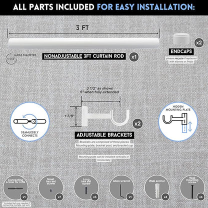 BlastHome® Non-Adjustable Luxury Curtain Rods for Windows, 1 ¼” Rod Set, 3 foot Fixed Length, Brushed White