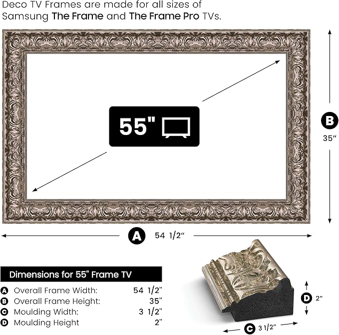 Tuscan Silver 55" Premiere Deco TV Frame - Compatible ONLY with Samsung The Frame TVs (Fits 2021-2025, LS03A, LS03B, LS03C, LS03D, LS03FA)