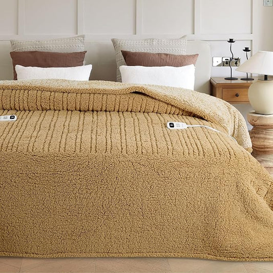 Heated Blanket Electric Blanket Queen - Fast Heating Blanket Throw Dual Controllers Double Sided Sherpa with 10 Heating Levels & 2-10 Hours Auto Off, Mashine Washable, 84 x 90 Inches, Camel