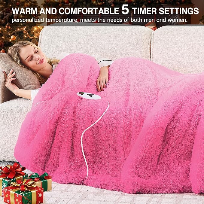 Heated Electric Blanket Twin,Warm Winter Birthday Gifts for Women Her Grandma–Faux Fur with Soft Sherpa,10 Heat Settings,5 Time Settings with Fast Heating, 62x84, Rose Red