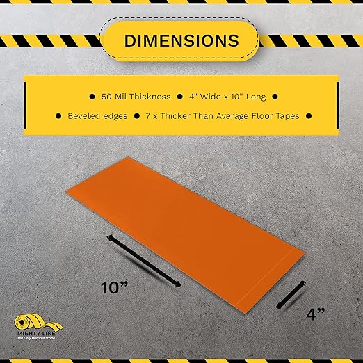 Mighty Line Floor Marking Tape Strips for Safety, Caution, Warning, Heavy-Duty, Peel and Stick, Adhesive, Industrial Quality, Orange, 4" by 10"