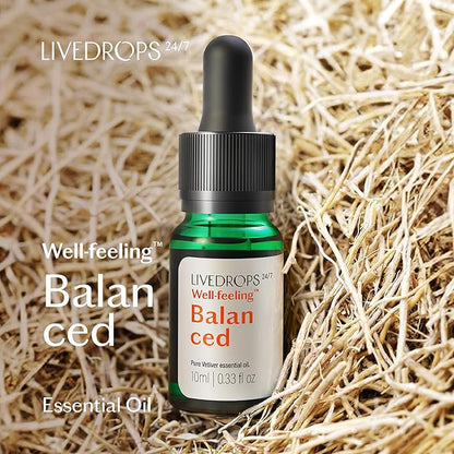 LIVEDROPS 24/7 Balanced Vetiver Essential Oil, Natural Vegan Aromatherapy for Diffuser or Diluted Skin Use, Earthy Woody Scent, Origin Haiti, Made in USA, Clinically Tested, 10ml