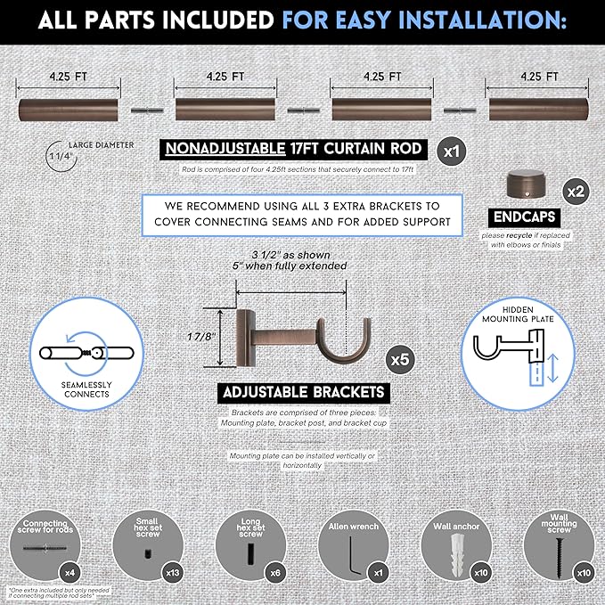 BlastHome® Non-Adjustable Luxury Extra Long Curtain Rod, 1 ¼” Rod Set, 17 foot Fixed Length (Four Rods Connect for a Seamless Look), Oil Rubbed Bronze