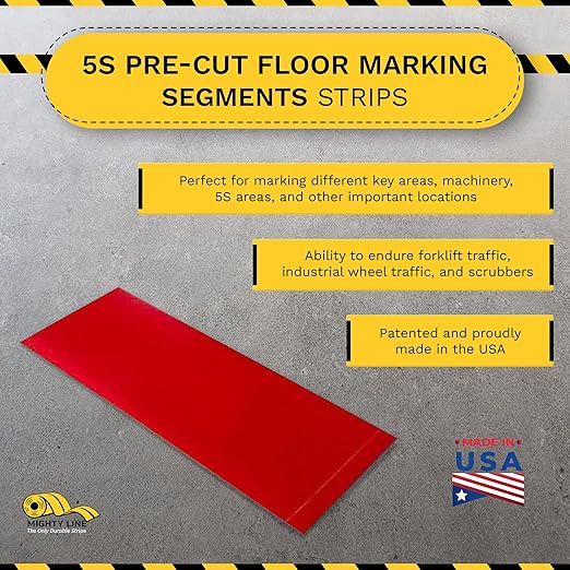 Mighty Line Floor Marking Tape Strips for Safety, Caution, Warning, Heavy-Duty, Peel and Stick, Adhesive, Industrial Quality, Red, 4" by 10"