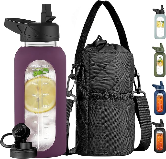CIVAGO 32 oz Glass Water Bottle with Straw and Insulated Bottle Holder Sling, Motivational Water jug with Time Marker and Silicone Sleeve, Water Flask with 2 Lids for Walking and Gym Mauve