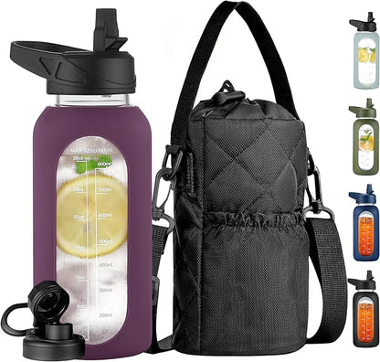 CIVAGO 32 oz Glass Water Bottle with Straw and Insulated Bottle Holder Sling, Motivational Water jug with Time Marker and Silicone Sleeve, Water Flask with 2 Lids for Walking and Gym Mauve