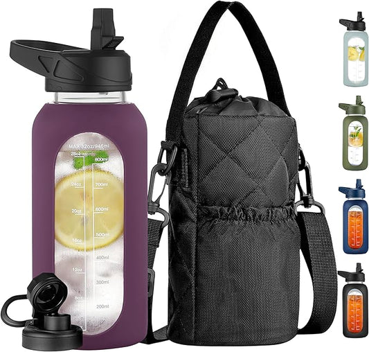 CIVAGO 32 oz Glass Water Bottle with Straw and Insulated Bottle Holder Sling, Motivational Water jug with Time Marker and Silicone Sleeve, Water Flask with 2 Lids for Walking and Gym Mauve