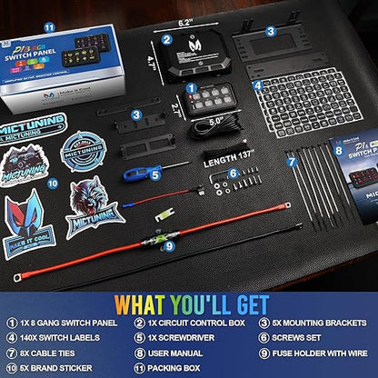 MICTUNING P1B RGB 8 Gang Switch Panel, Multifunction Toggle Momentary Flash Strobe Pulsed Switch Pod with Backlit Off, 5-Level Brightness Circuit Control Relay System Box for Truck RV Offroad Marine