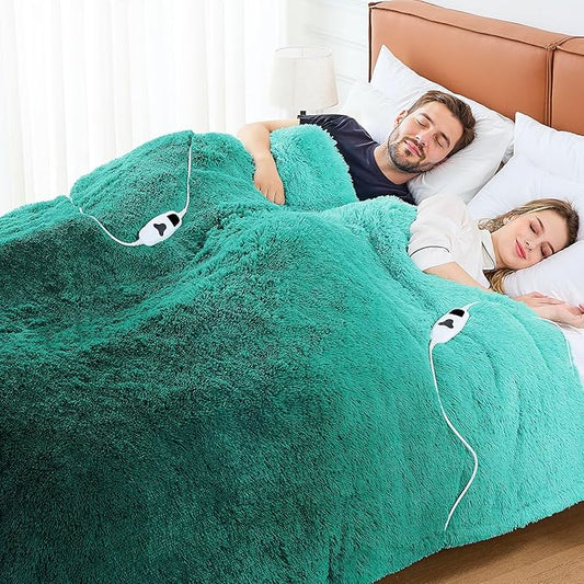 Heated Electric Blanket Queen–Faux Fur with Soft Thick SherpaWarm Winter Birthday Gifts for Women Grandma,Dual Control,10 Heat Settings,5 Time Settings, 84x90, Forest Mist