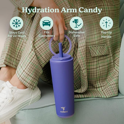 REDUCE Halo 24 oz Stainless Steel Vacuum Insulated Tumbler - Spill Proof Travel Mug with Flip Handle Lid - Keeps Drinks Cold for 32 Hrs - Dishwasher Safe - Cupholder Friendly - Dragonfruit