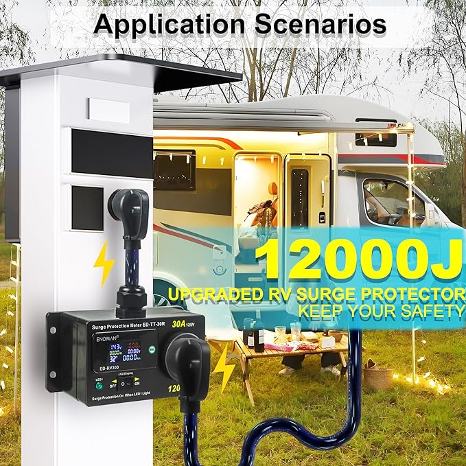 RV 30 Amp Surge Protector with Power Meter (kWh) - 12,000 Joules High Surge Guard - Real-Time Voltage & Amp Monitor for Travel Trailers (NEMA TT-30P)