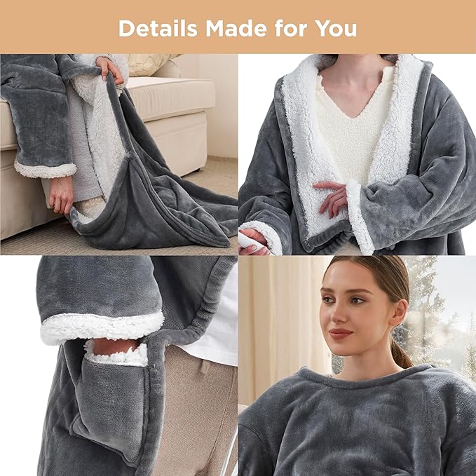 Bedsure Wearable Heated Blanket with Foot Pocket - Electric Snuggle Blanket for Adult with Sleeves, Winter Gifts for Mom Women Girlfriend, Warm Sherpa Heating Throw, Auto Shut Off, 50 x 71+18", Grey