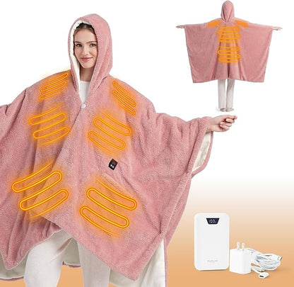 Bedsure Cordless Wearable Heated Blanket - Fluffy Electric Blanket Hoodie with 20000mAh Battery Pack, Portable USB Heated Shawl as Winter Gifts for Women Mom, 4 Heat Levels & 4 Timers, 55"x69", Pink