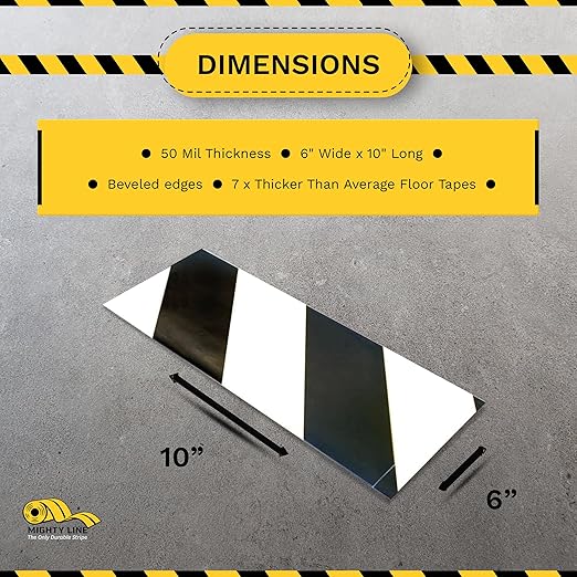 Mighty Line Floor Marking Tape Strips for Safety, Caution, Warning, Heavy-Duty, Peel and Stick, Adhesive, Industrial Quality, White and Black Hazard, 6" by 10"