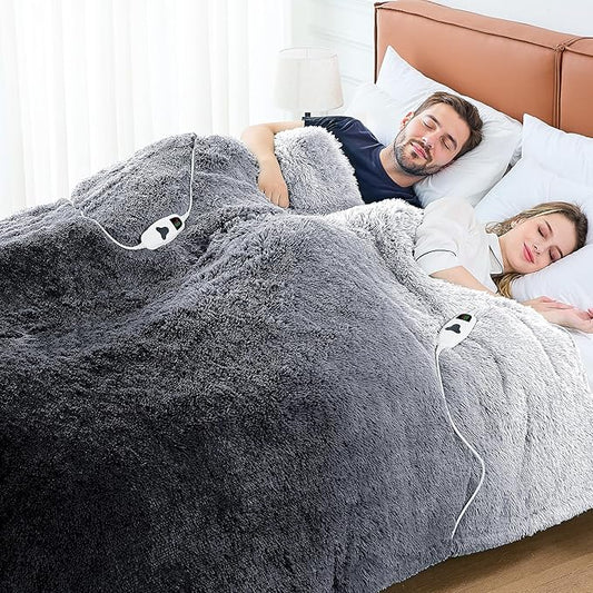 Heated Electric Blanket Queen–Faux Fur with Soft Thick SherpaWarm Winter Birthday Gifts for Women Grandma,Dual Control,10 Heat Settings,5 Time Settings, 84x90, Foggy Dusk