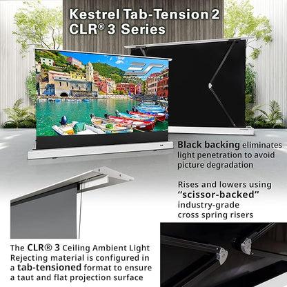 Elite Screens Kestrel Tab-Tension 2 CLR3, 101" 16:9, Ultra-Short Throw Ceiling Ambient Light Rejecting (CLR/ALR) Electric Floor-Rising Motorized Front Projector Screen,White Casing, FTE101XH3-CLR3
