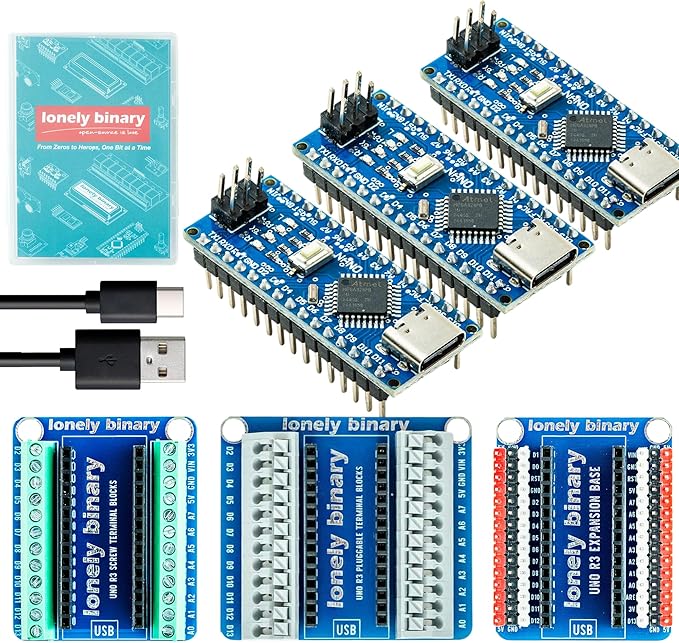 3-Pack Nano V3.0 Development Board Expansion Kit, 3 x Nano V3.0 Type-C & 3X Versatile Expansion Board (Screw, Non-Screw, 2.54mm) Compatible with Arduino IDE Prototyping Projects